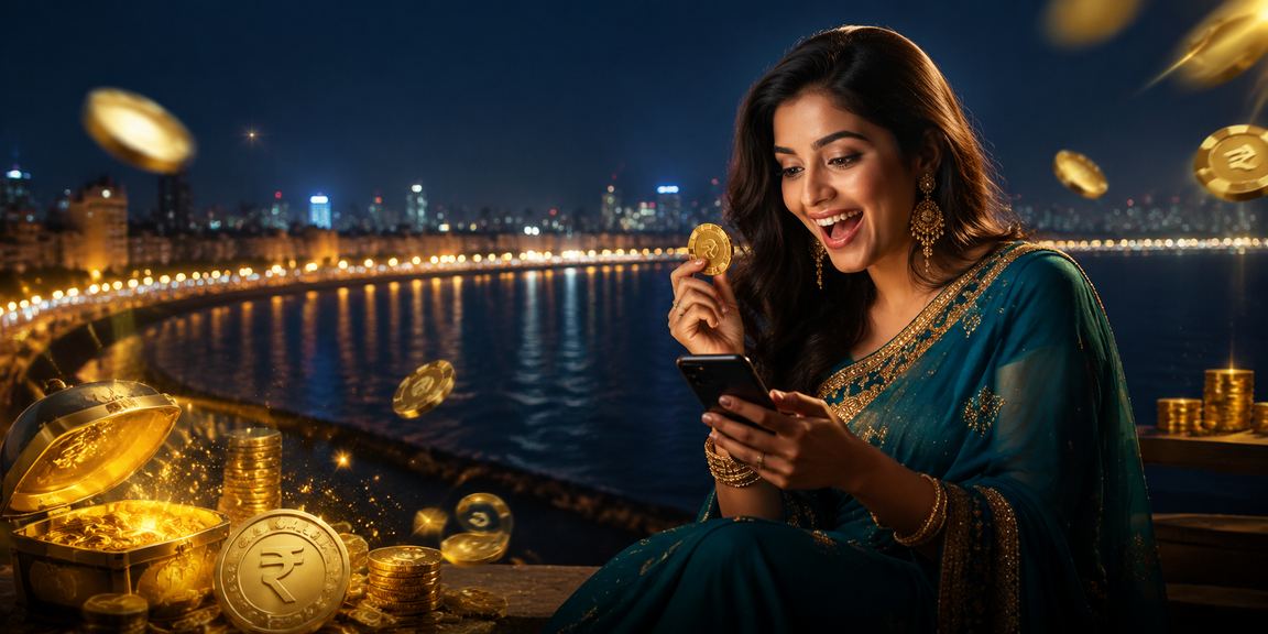 Modern Indian player enjoying 2752 mobile gaming platform in Mumbai seaside setting